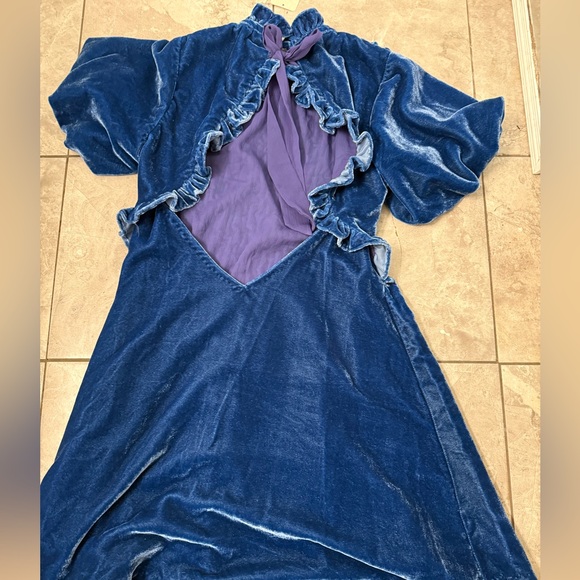 Free People Gum Drop Velvet Min Dress Blue Smocked XS? Read* whimsy goth boho - Picture 4 of 8